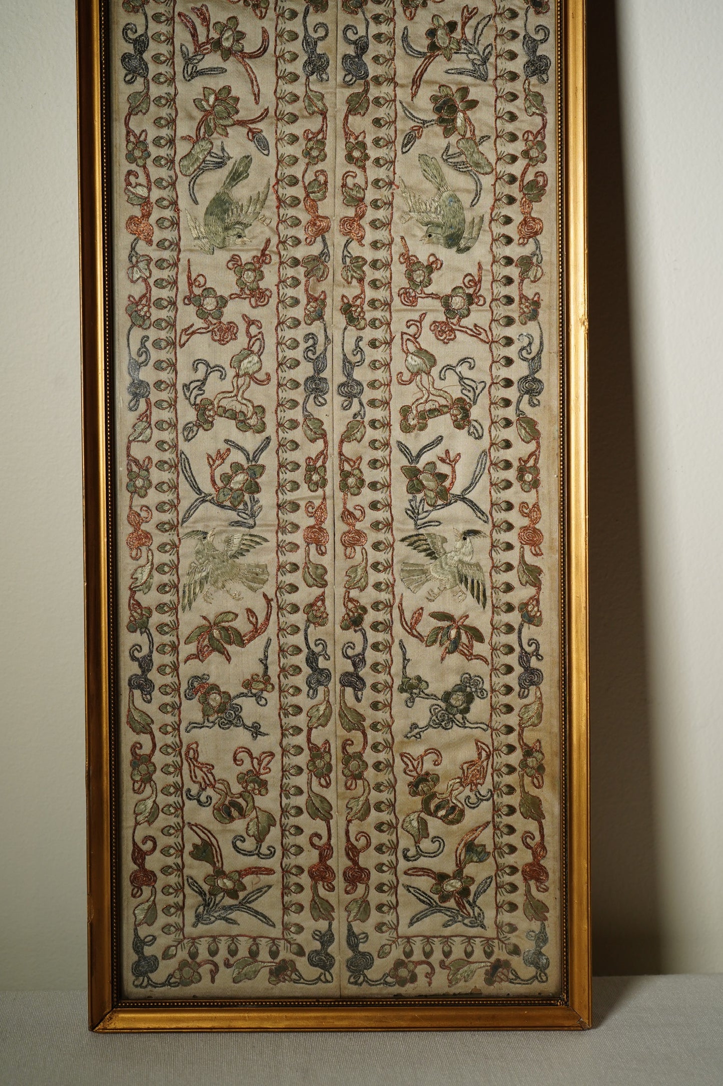 Antique European Chinoiserie Silk Embroidery on Satin