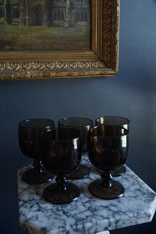 Set of 5 Vintage Mid-Century Smoke Glass Cordial Goblets | Hoffman Style Barware, 1960s–1970s