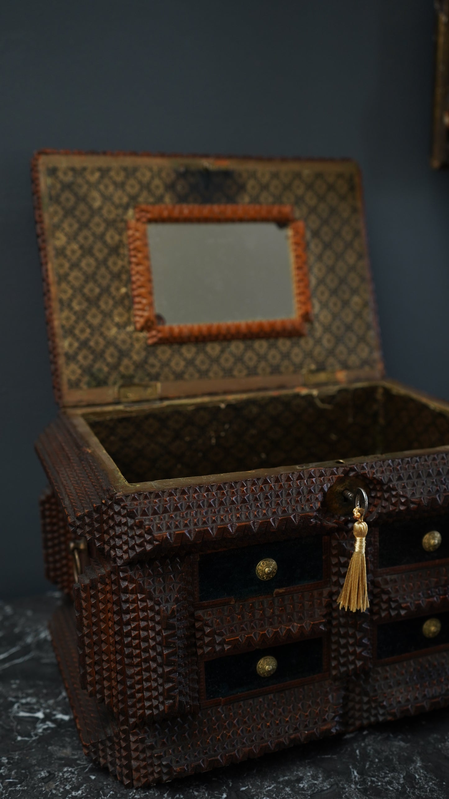 Antique Tramp Art Sewing Box with Drawers and Mirror, Hand-Carved Folk Art Keepsake Chest, Late 19th Century