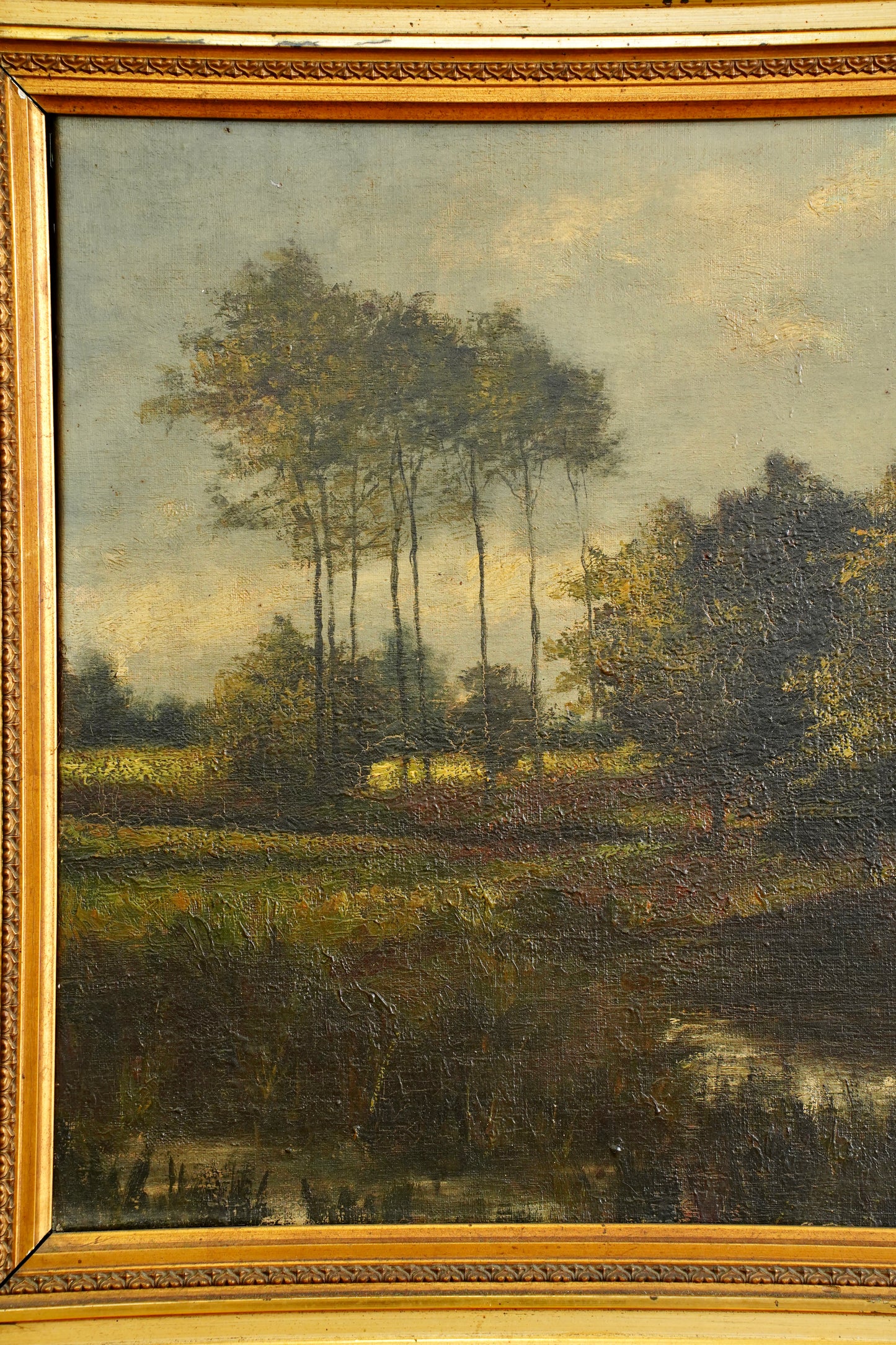Antique European Moody River Landscape Oil Painting