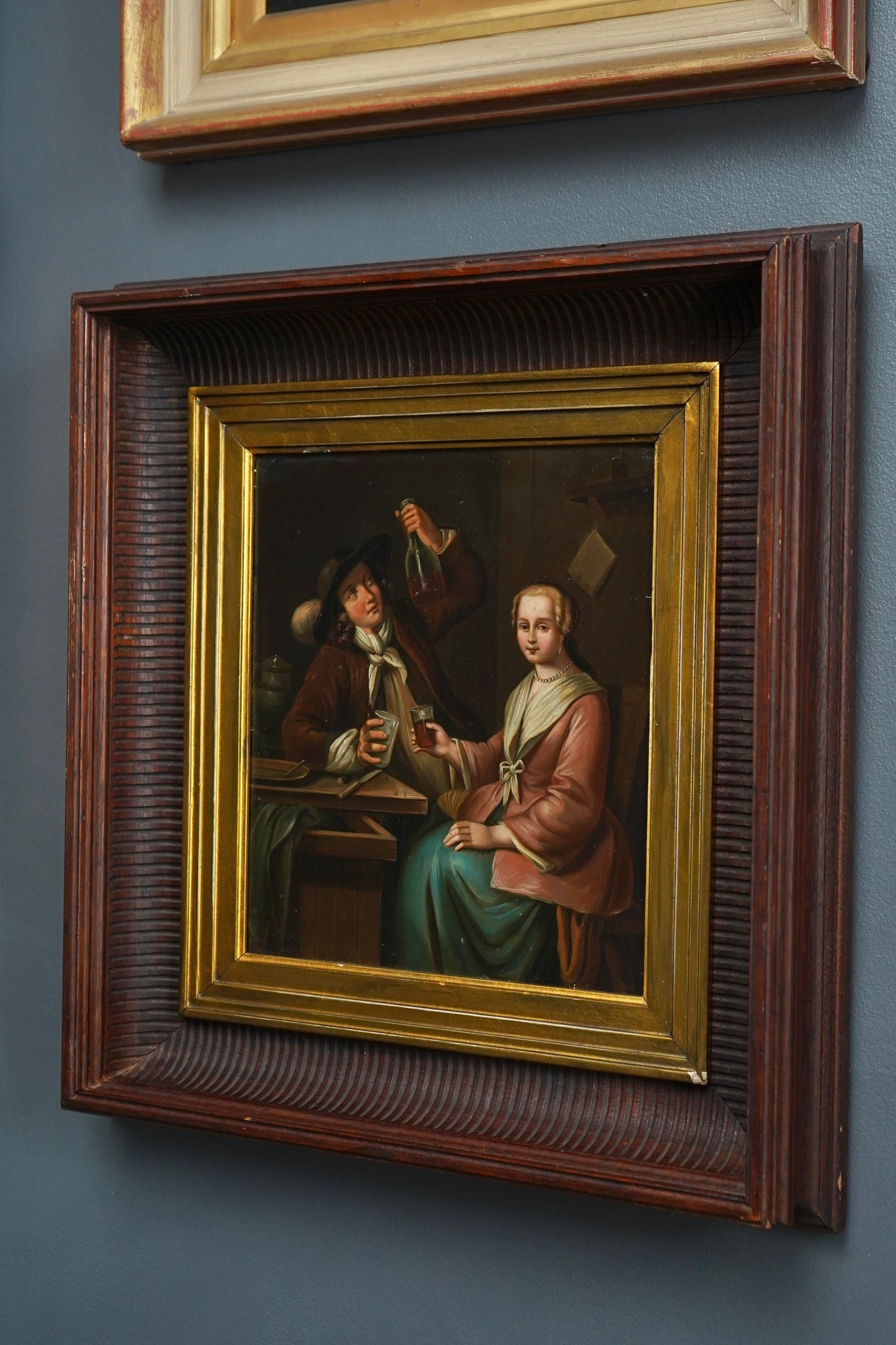 Antique Dutch Tavern Scene Oil Painting on Tin | 19th Century Genre Artwork in Ornate Frame