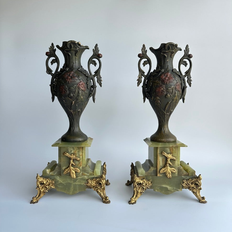 Pair of Antique French Neoclassical Spelter and Onyx Urns with Gilt Brass Accents