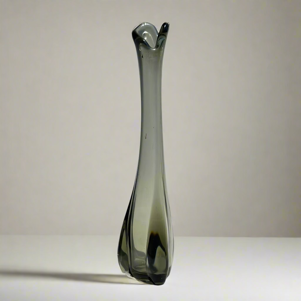 Vintage Viking Glass “Epic Three Foil” Swung Vase – Smoke Gray, 10”