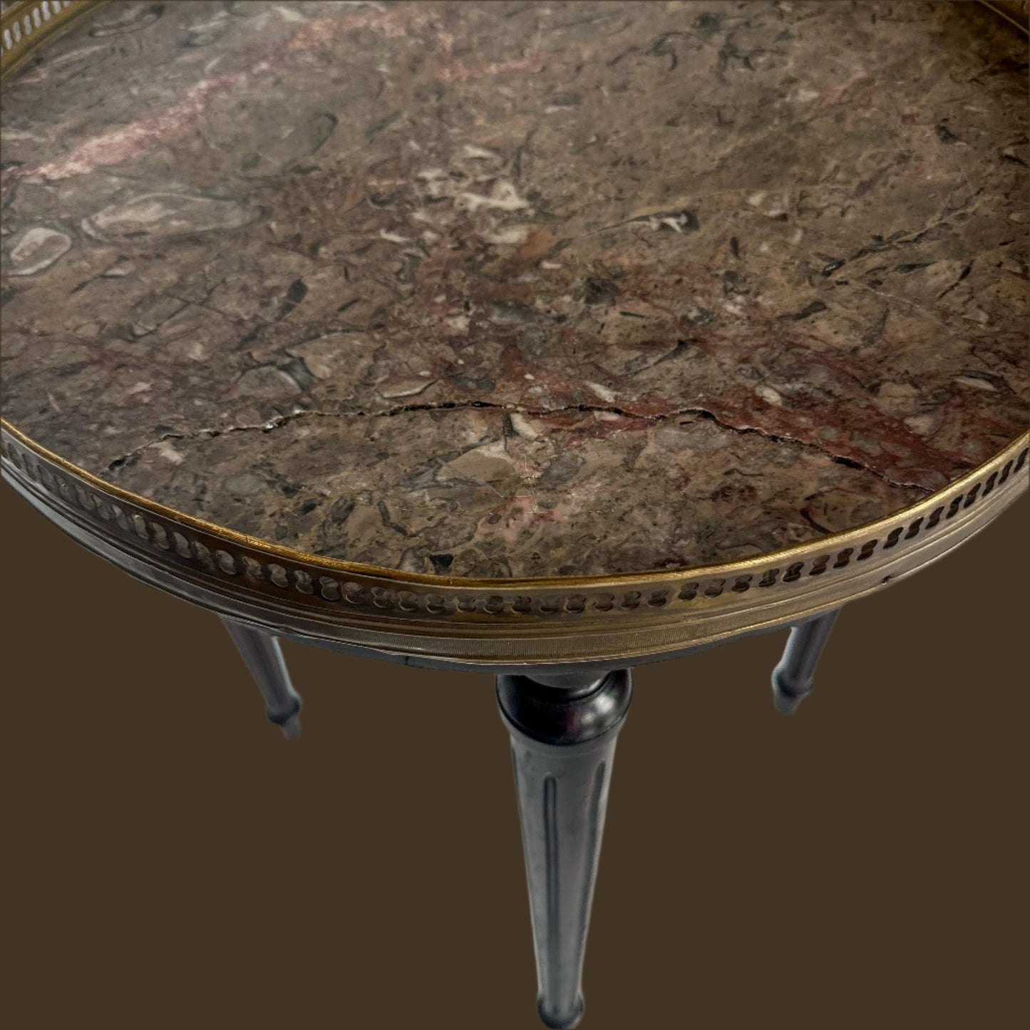 Antique French Louis XVI-Style Guéridon Table with Marble Top and Brass Gallery