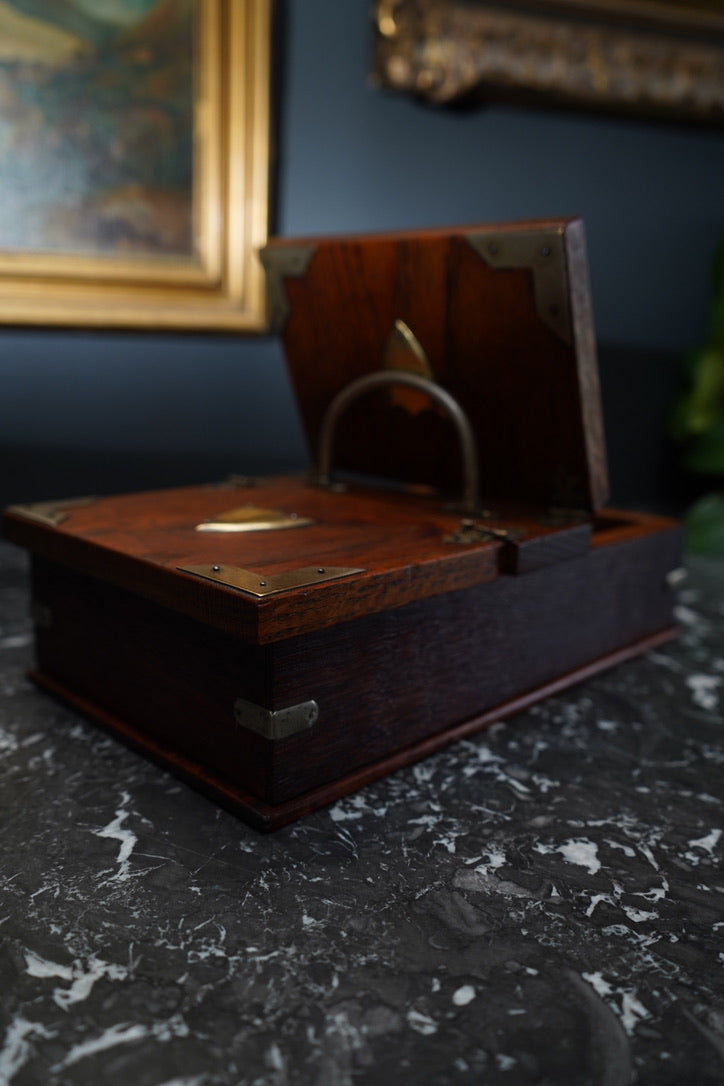 Antique Edwardian Oak & Silver-Plated Two-Compartment Stationery Box with Handle