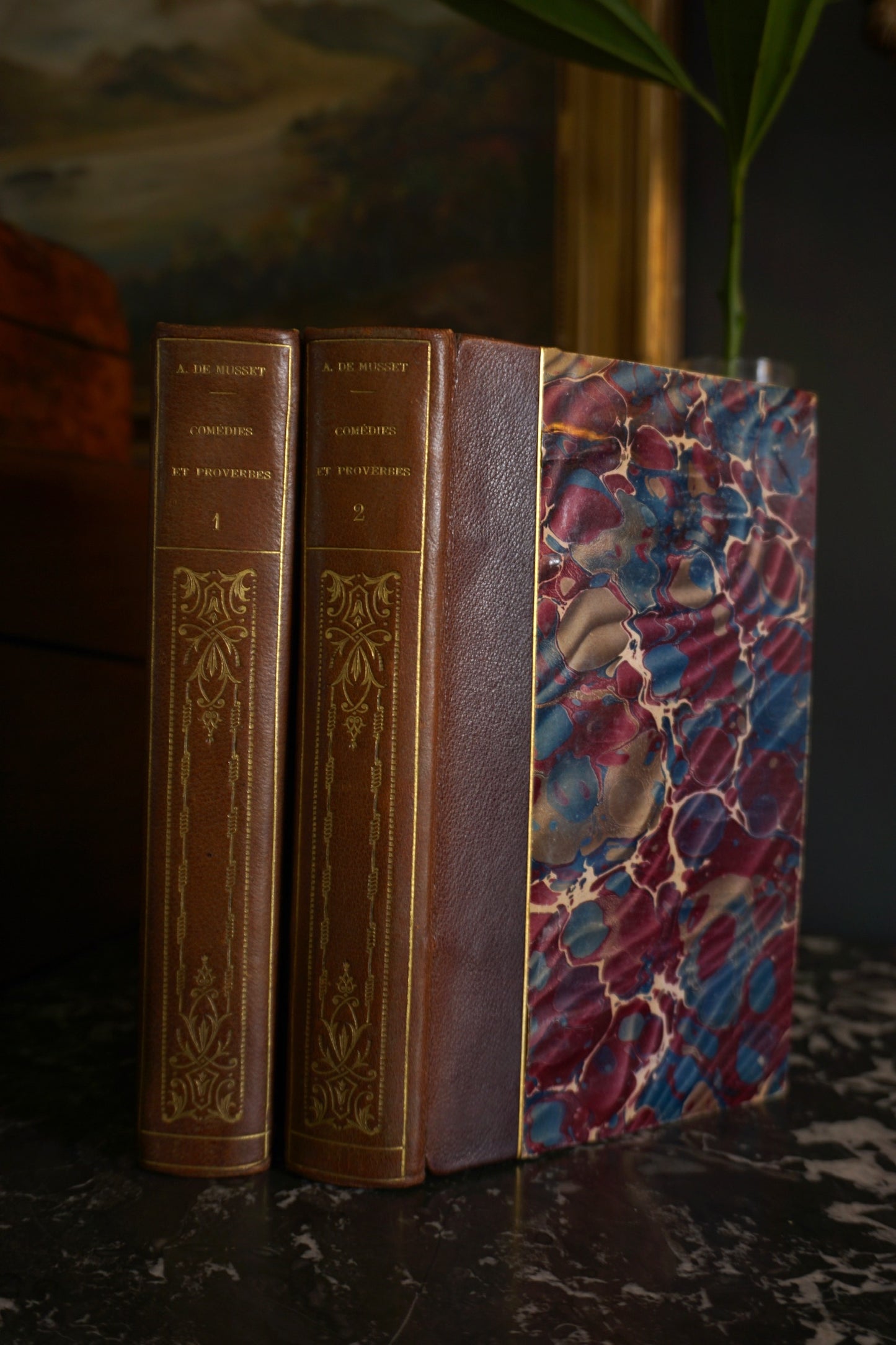 2 Vol. "Comédies et Proverbes" French Half Purple Leather Books