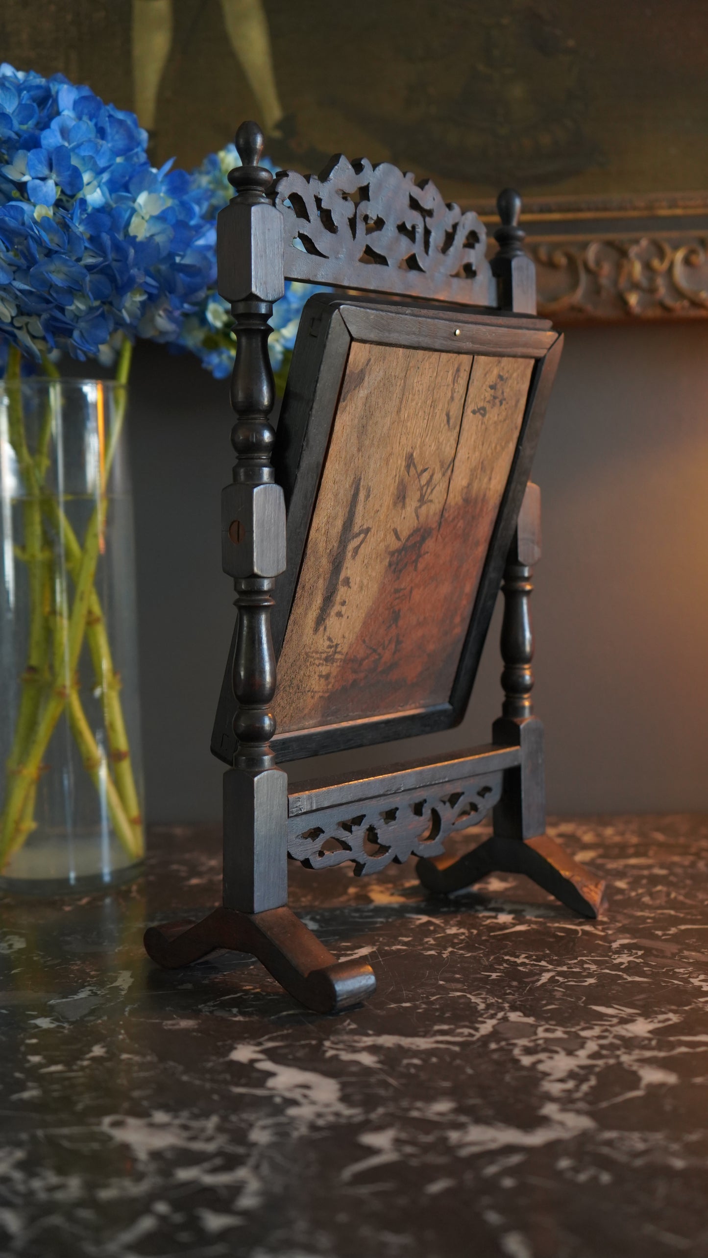 Antique Ebonized Wood & Mother-of-Pearl Vanity Tabletop Mirror