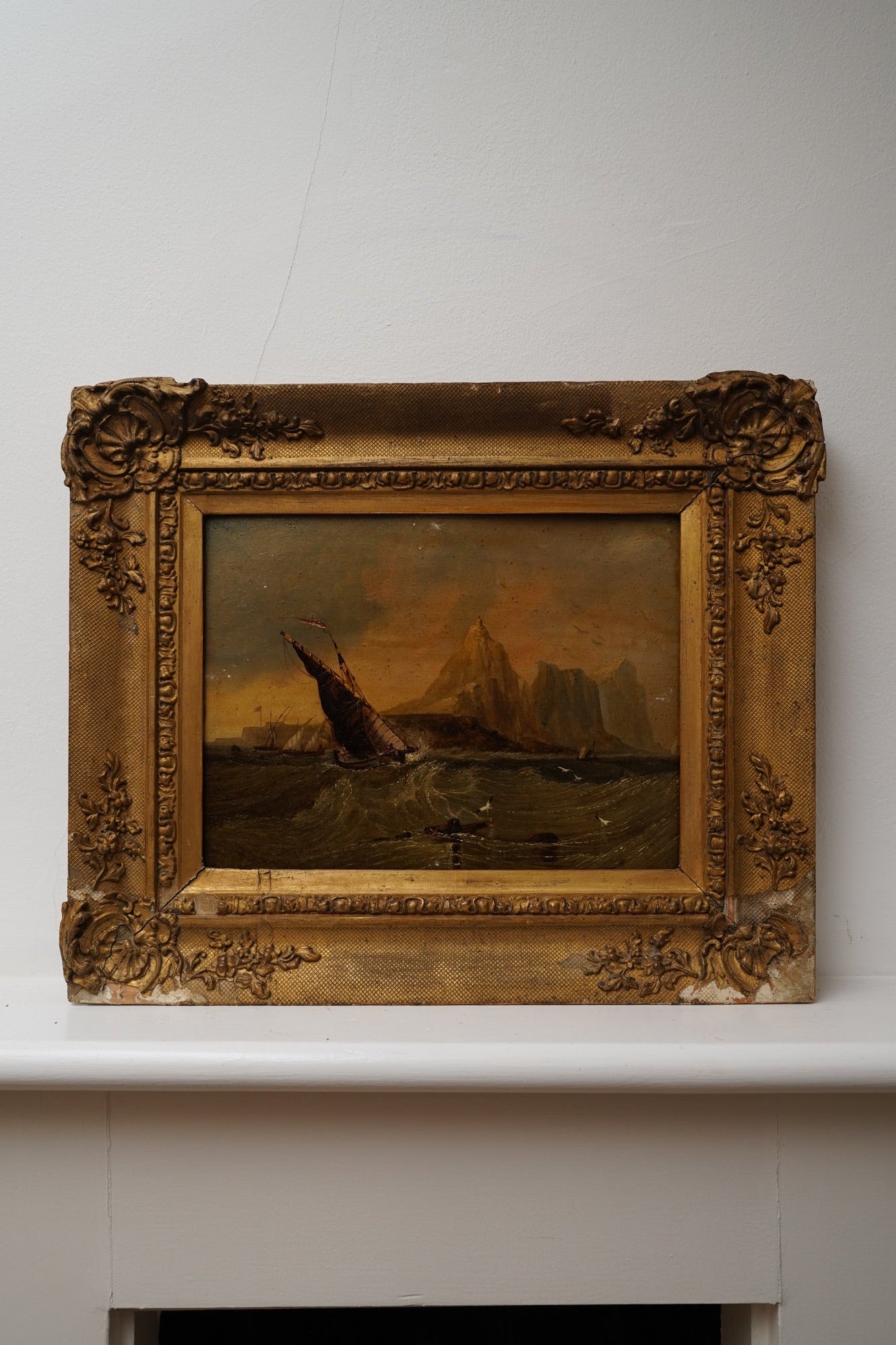 19th Century British Marine Painting – “Gibraltar from the Sea” | Antique Oil on Board in Gilt Frame