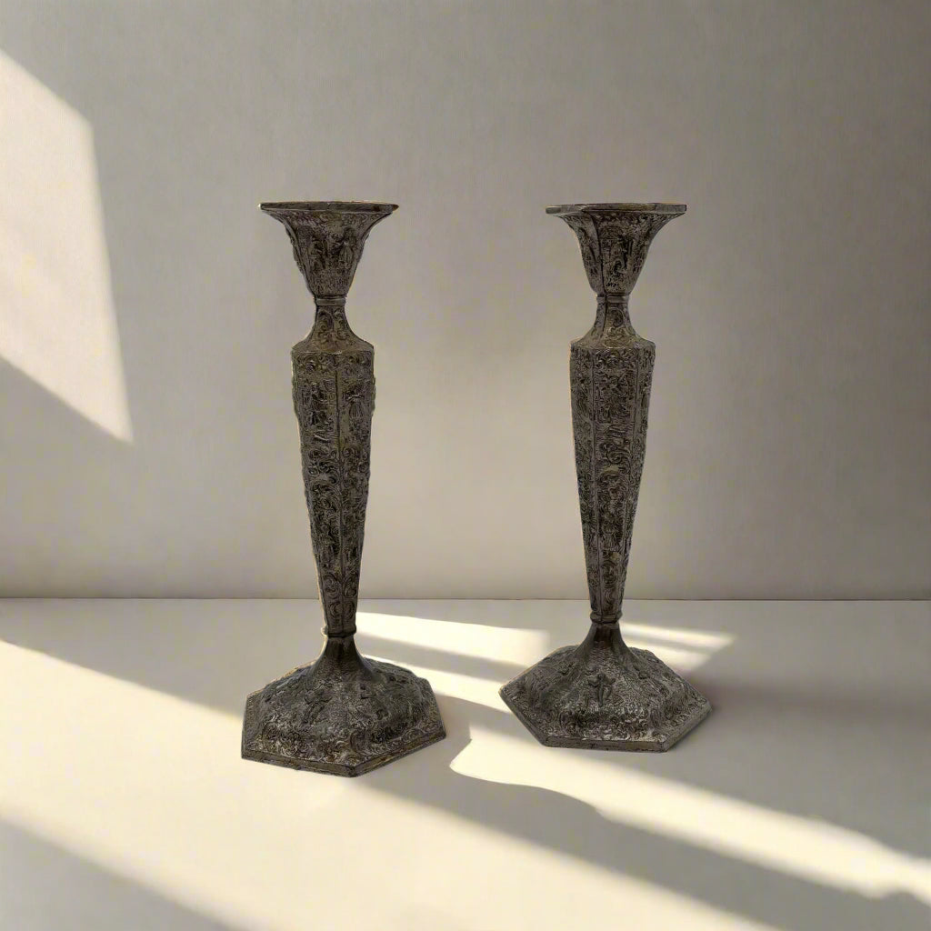 Pair of Weidlich Brothers Dutch Windmill Repoussee Silver Plated Candleholders, Pair of Vintage Silver-Plated Candlestick Holders