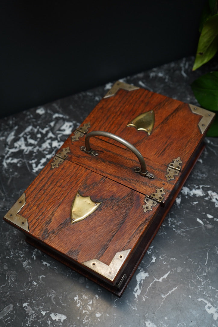 Antique Edwardian Oak & Silver-Plated Two-Compartment Stationery Box with Handle