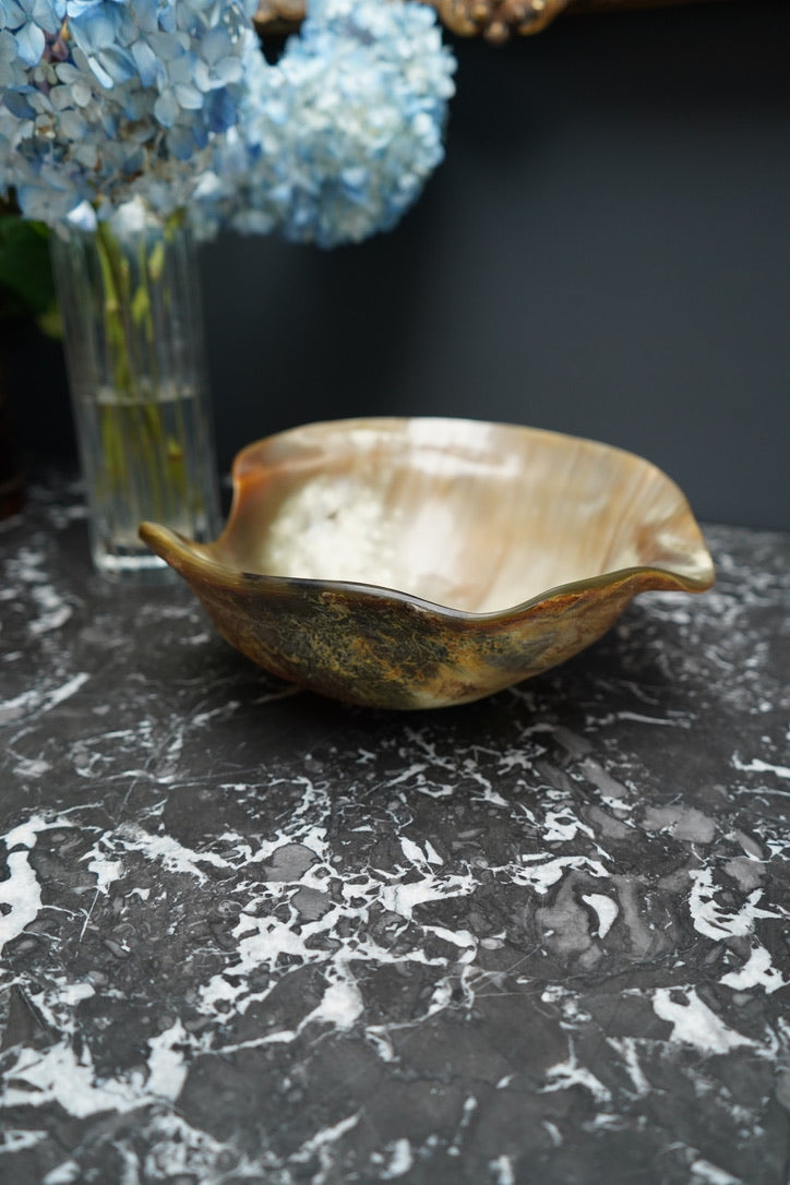 Antique Hand-Carved Horn Bowl | Natural Polished Horn Decorative Vessel