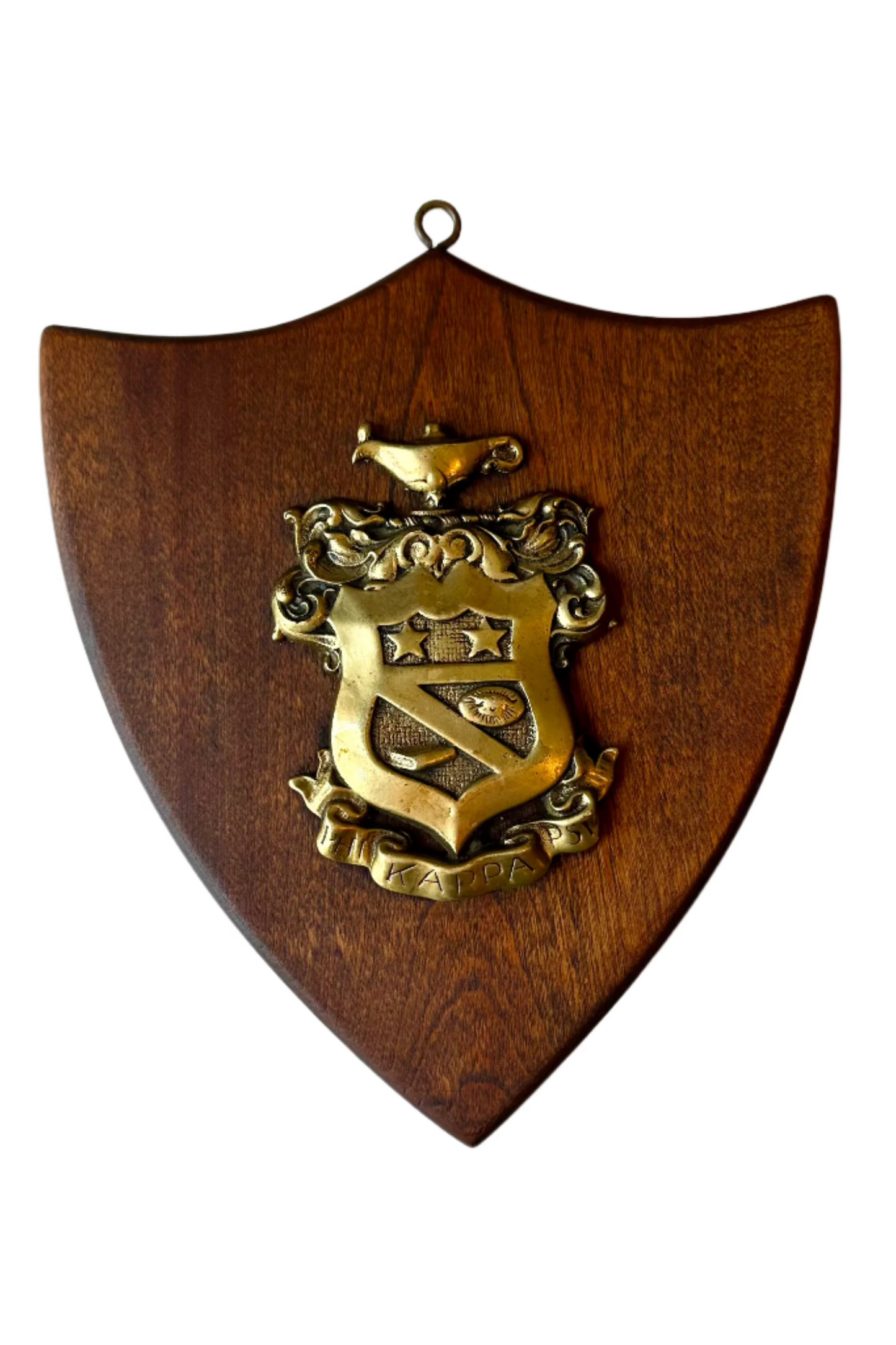 Vintage Kappa Psi Fraternity Brass Crest Plaque on Shield Backing