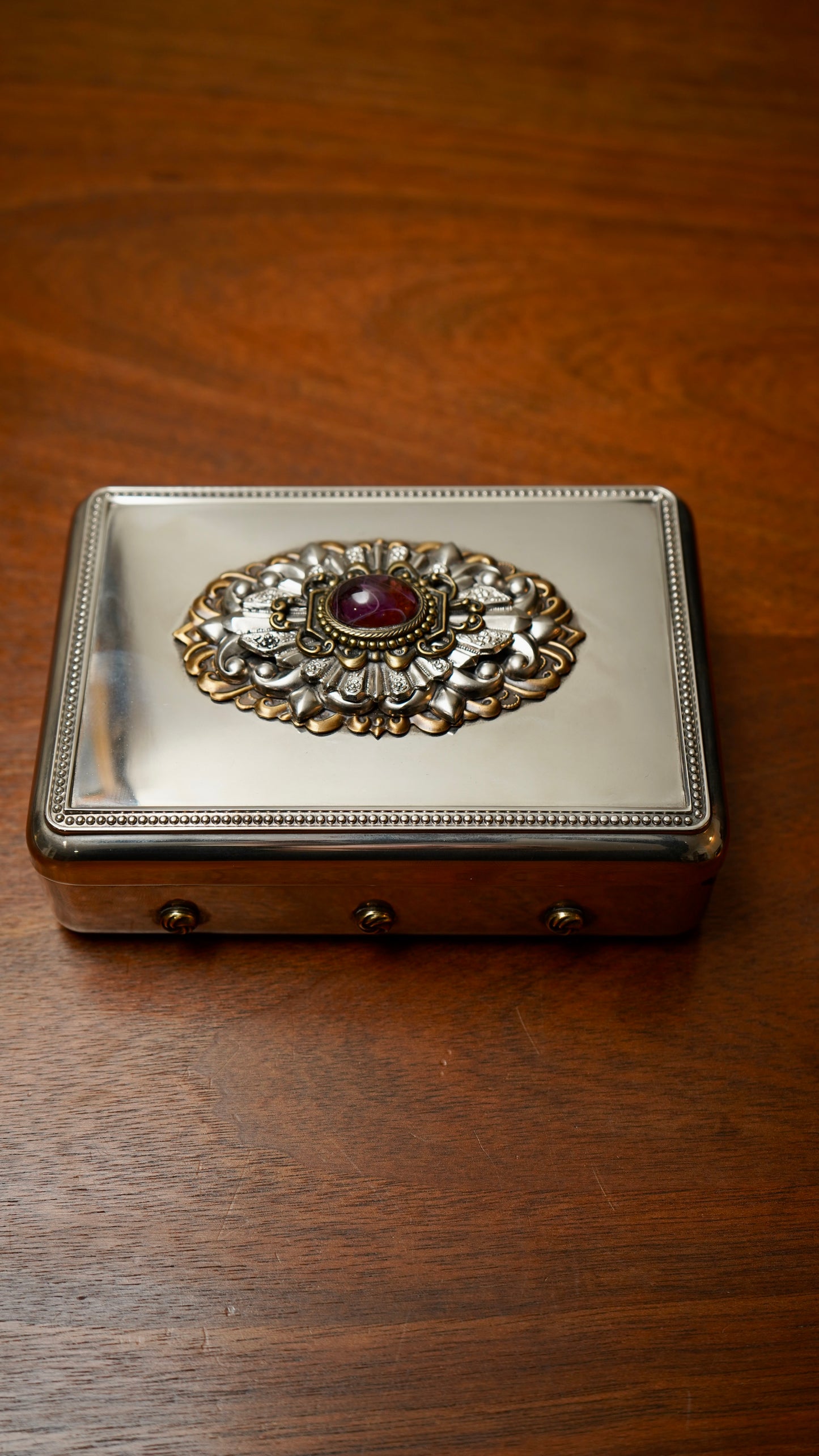 Vintage Silver-Plated Jewelry Box with Amethyst Glass Cabochon and Repoussé Medallion, Mid-20th Century