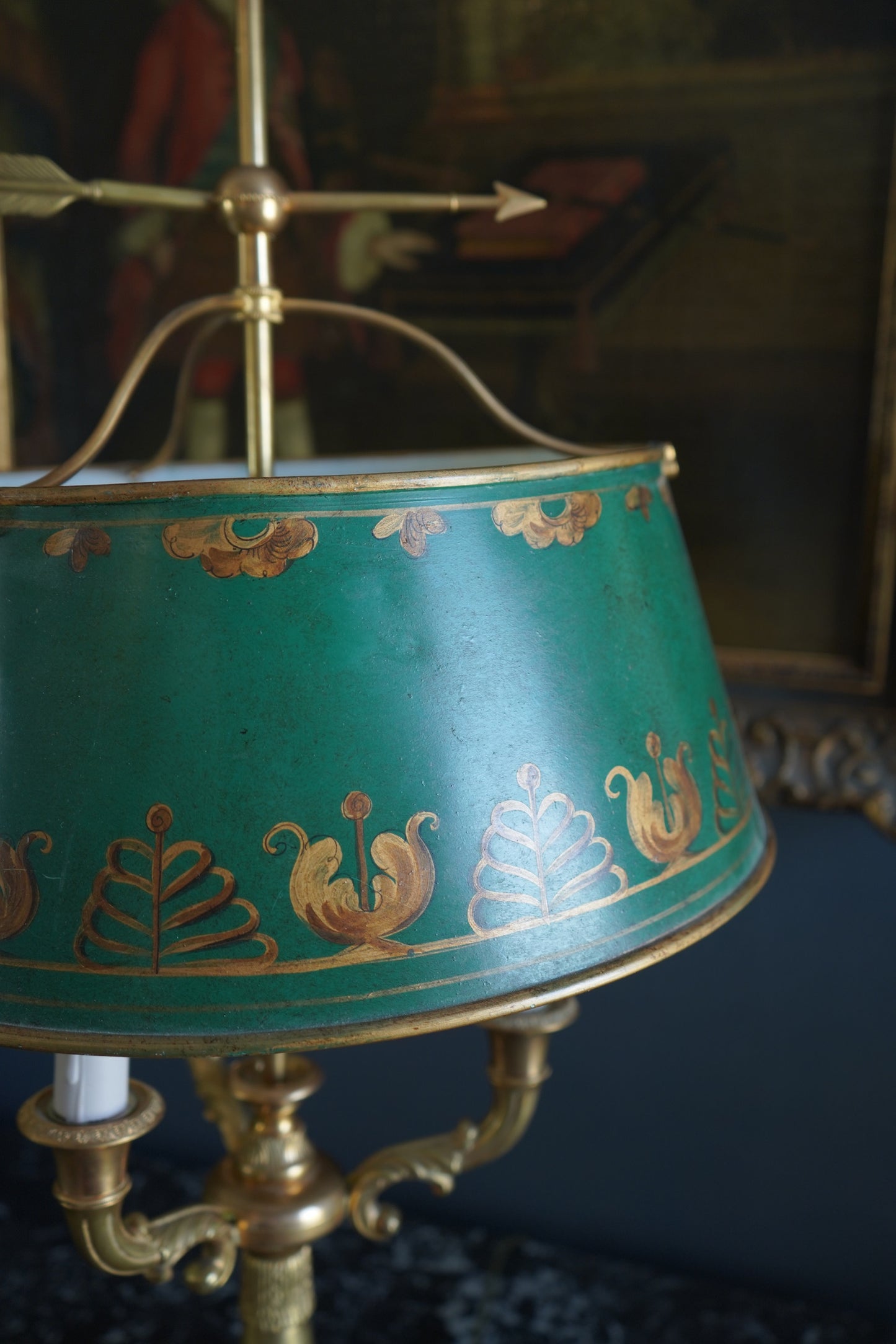 Antique French Bouillotte Lamp with Hand-Painted Tole Shade | Gilt Bronze / Brass Mix, Neoclassical, c.1920