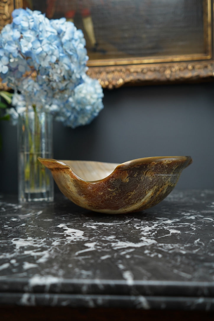 Antique Hand-Carved Horn Bowl | Natural Polished Horn Decorative Vessel