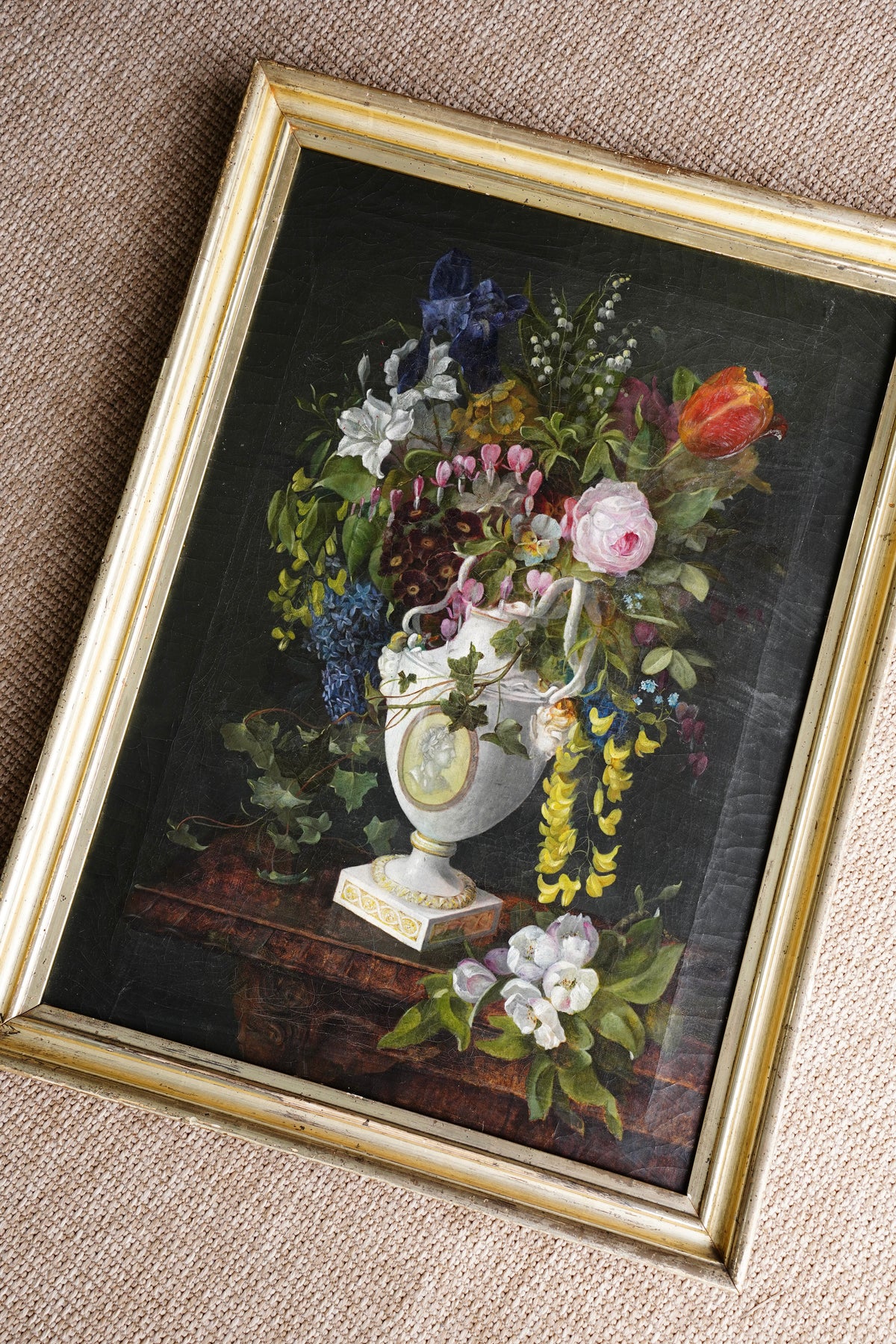 Antique Floral Still Life Oil Painting of Flowers in a Porcelain Urn