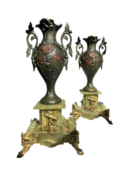 Pair of Antique French Neoclassical Spelter and Onyx Urns with Gilt Brass Accents