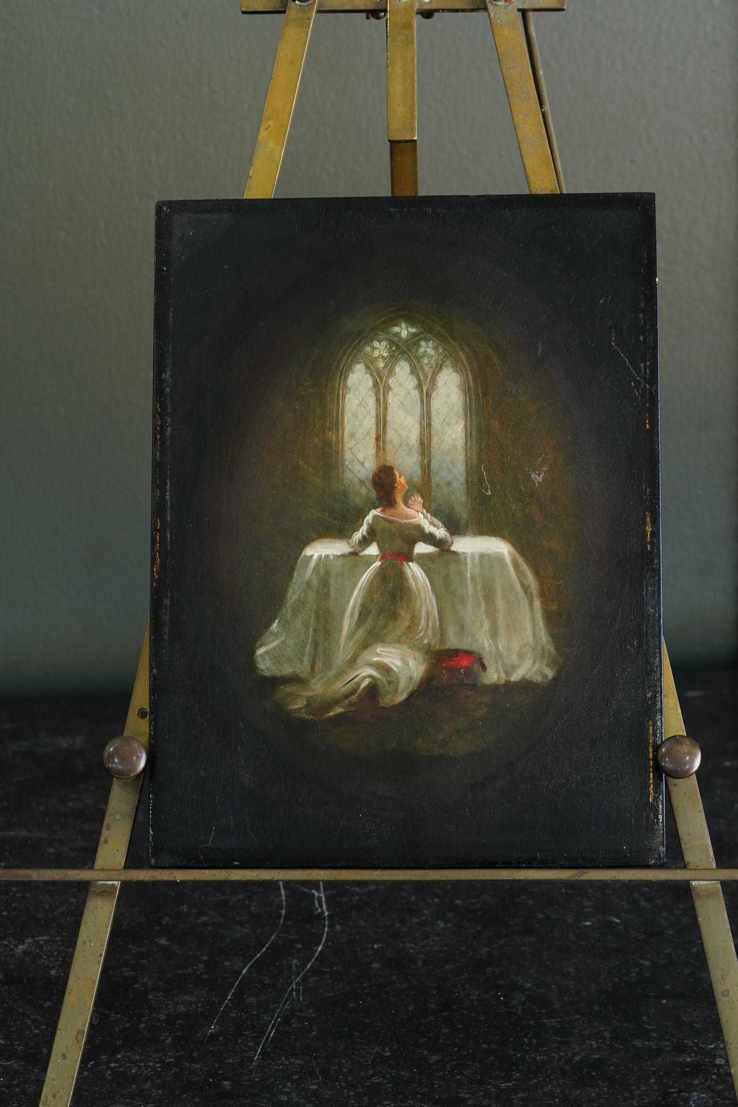 English Devotional Oil on Victorian Papier-Mâché Panel, Attributed to George Morris, 1942