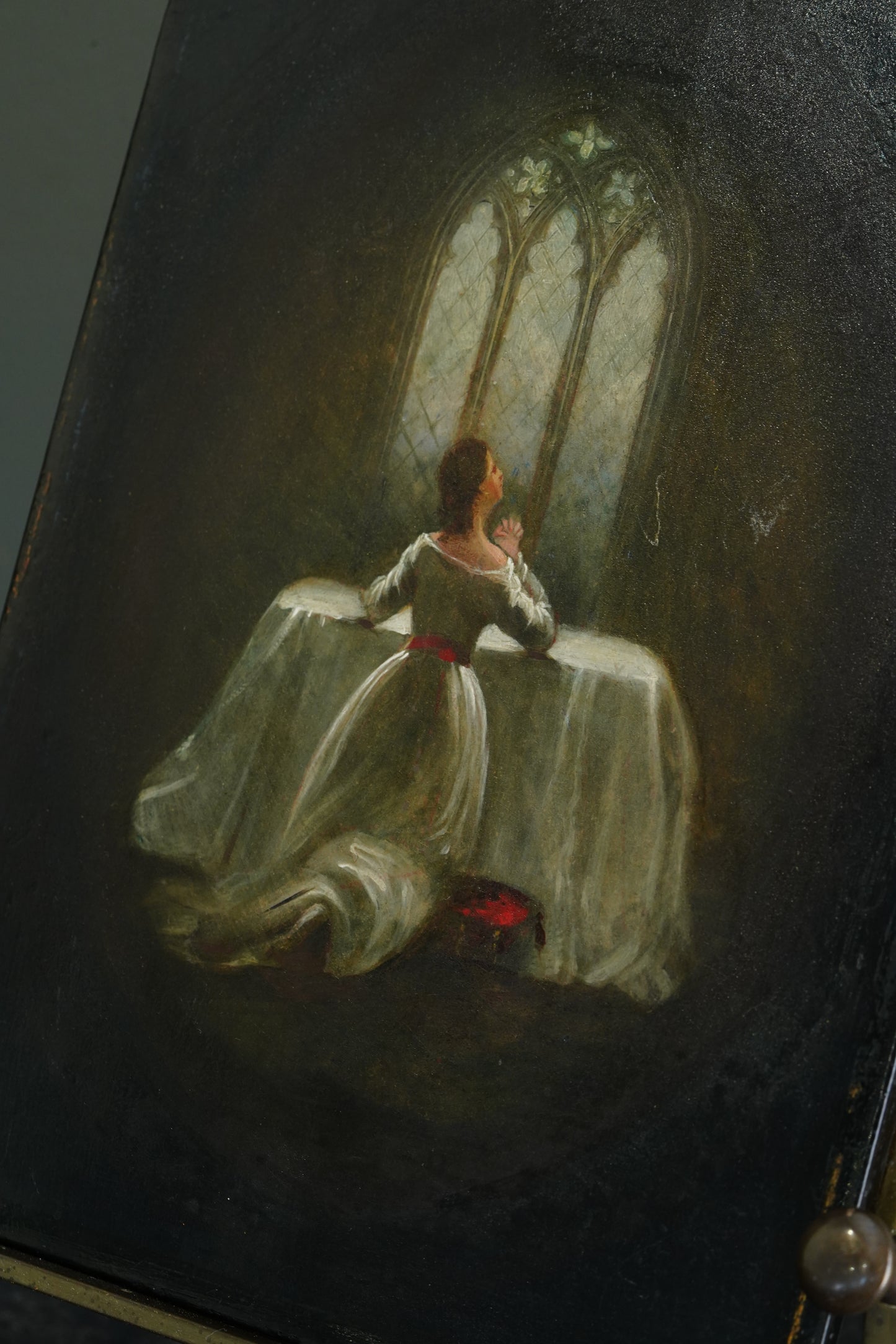 English Devotional Oil on Victorian Papier-Mâché Panel, Attributed to George Morris, 1942