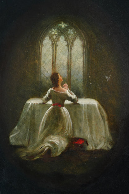 English Devotional Oil on Victorian Papier-Mâché Panel, Attributed to George Morris, 1942