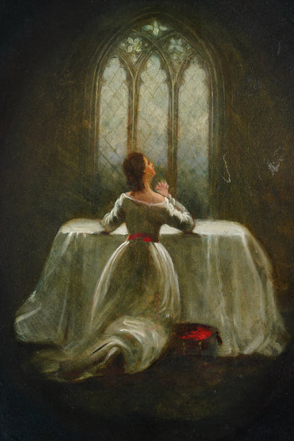 English Devotional Oil on Victorian Papier-Mâché Panel, Attributed to George Morris, 1942