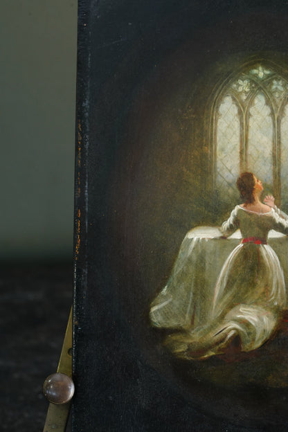 English Devotional Oil on Victorian Papier-Mâché Panel, Attributed to George Morris, 1942