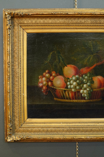 Antique Continental Still Life of Peaches and Grapes in a Basket Oil Painting