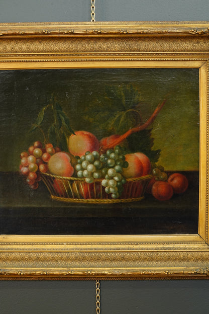 Antique Continental Still Life of Peaches and Grapes in a Basket Oil Painting