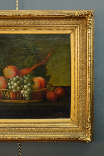Antique Continental Still Life of Peaches and Grapes in a Basket Oil Painting