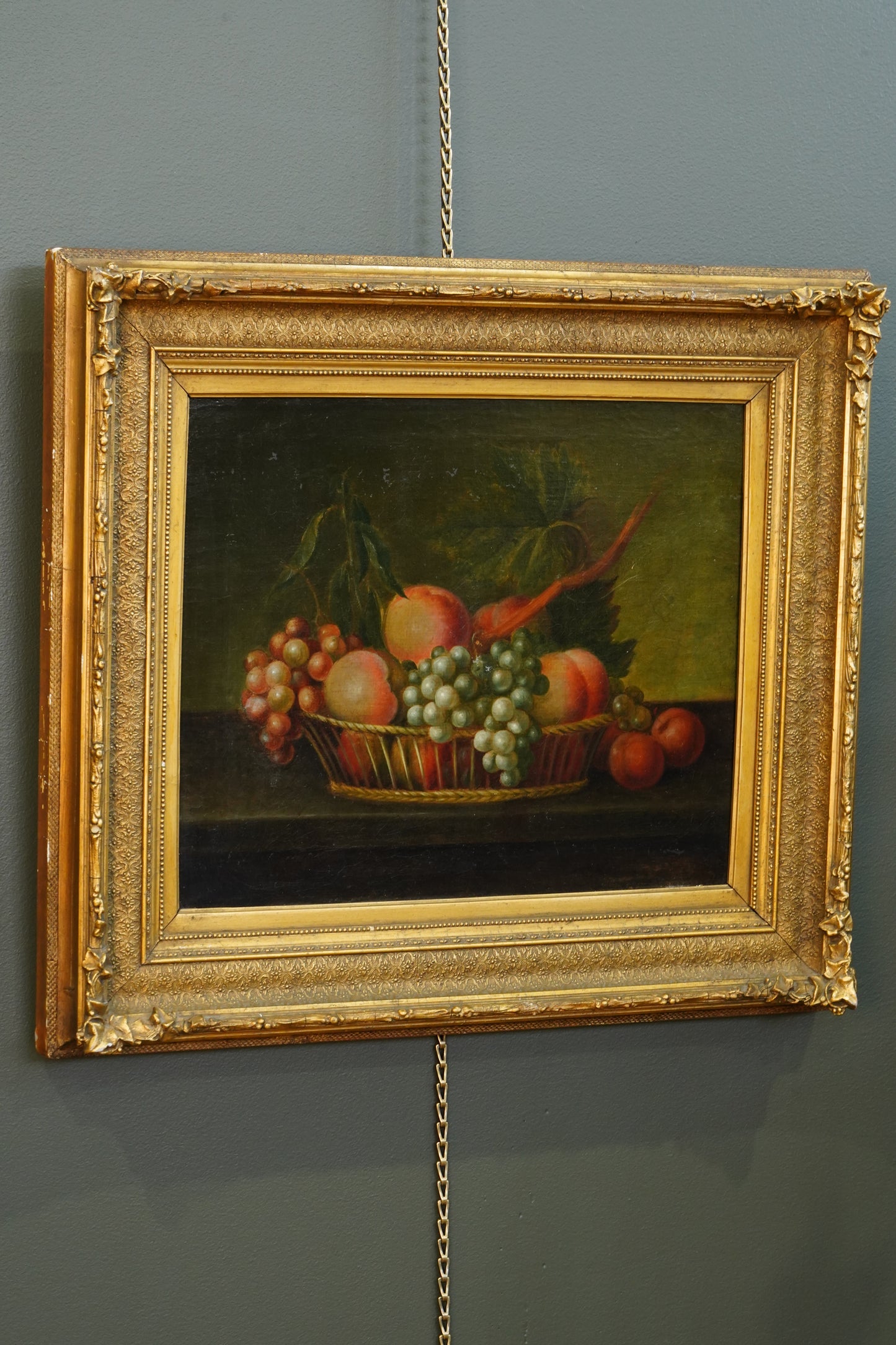 Antique Continental Still Life of Peaches and Grapes in a Basket Oil Painting