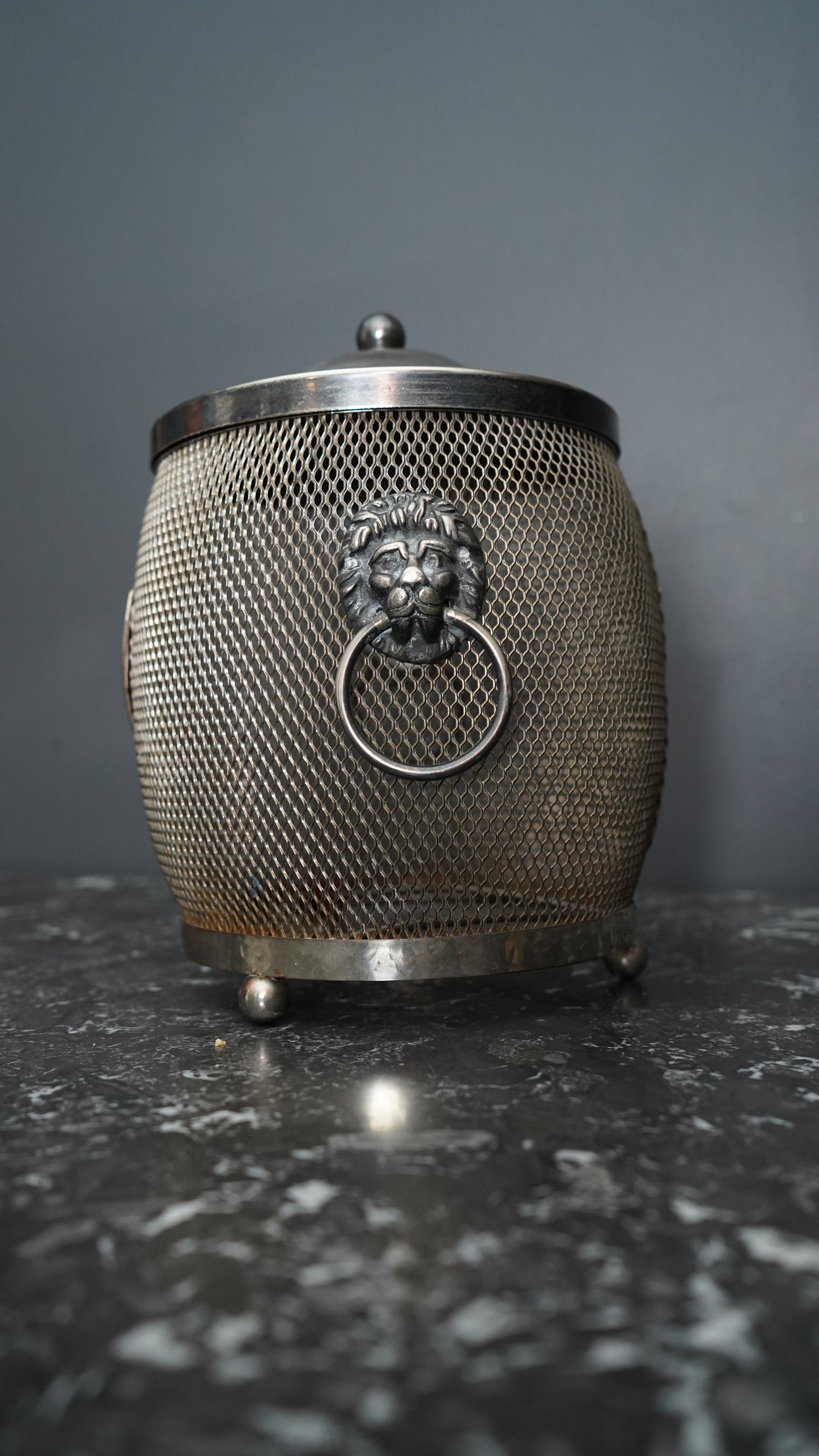 Antique English Silver-Plated Mesh Biscuit Barrel with Lion Mask Handles