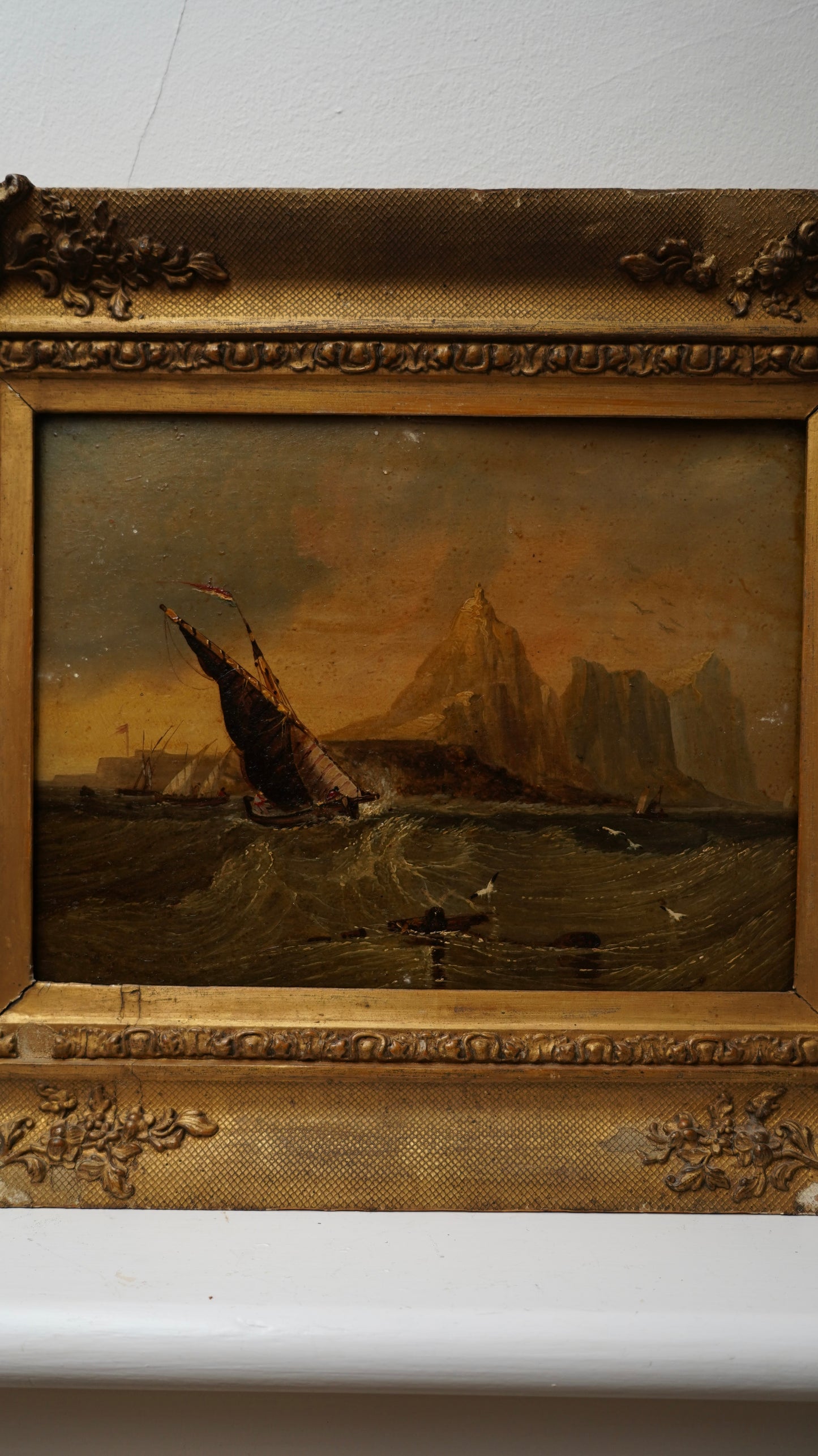 19th Century British Marine Painting – “Gibraltar from the Sea” | Antique Oil on Board in Gilt Frame
