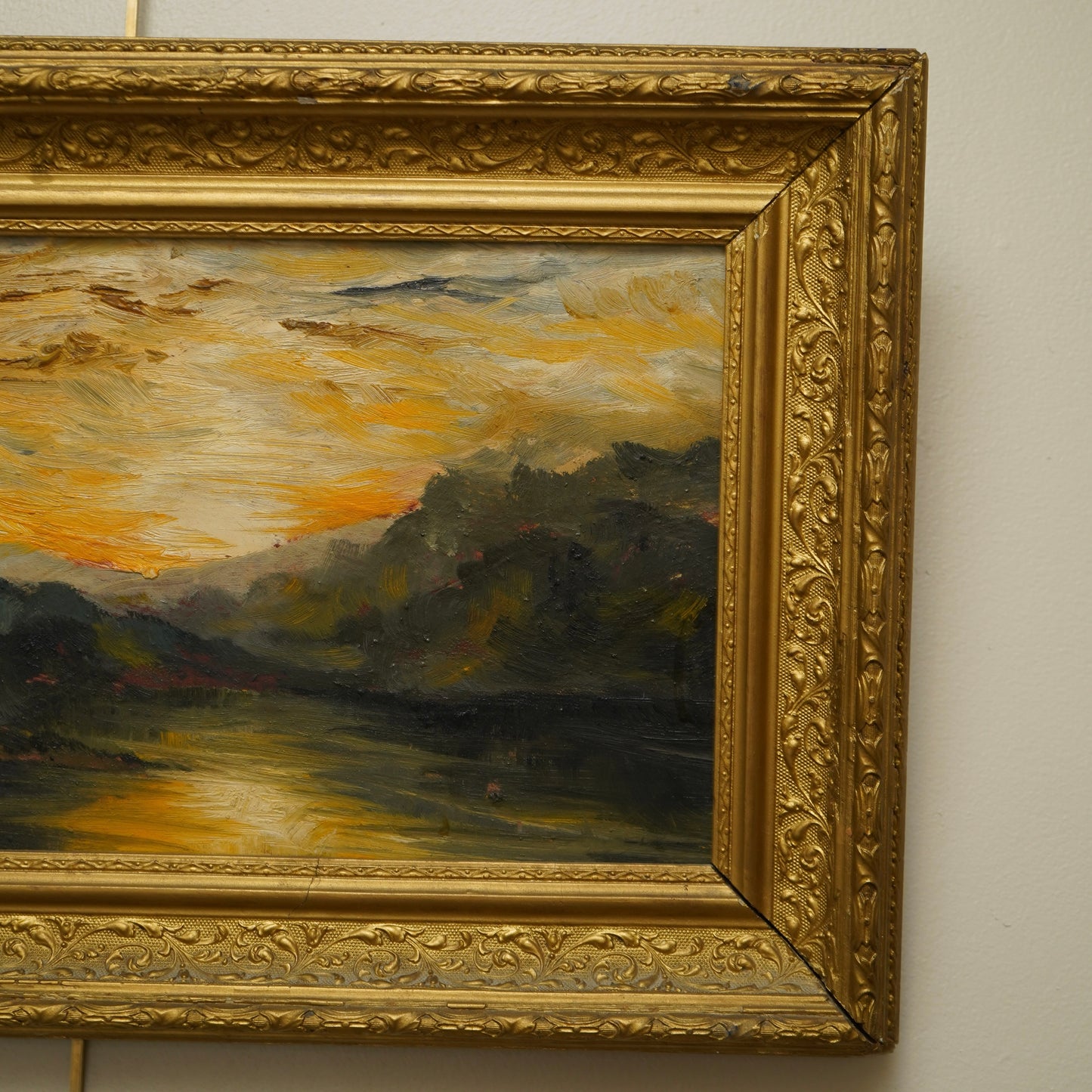 Early 20th Century Impressionist Oil Painting | Sunset Over River Valley in Gilt Frame