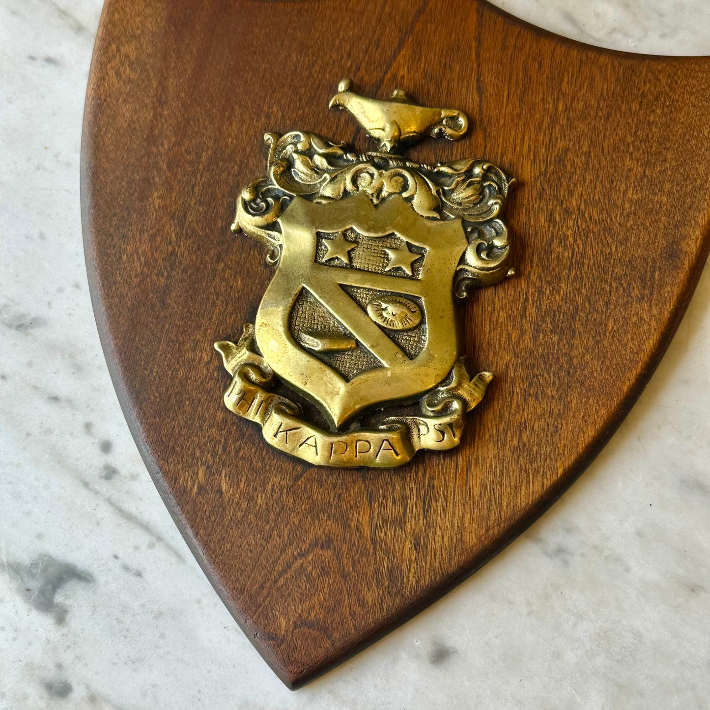 Vintage Kappa Psi Fraternity Brass Crest Plaque on Shield Backing