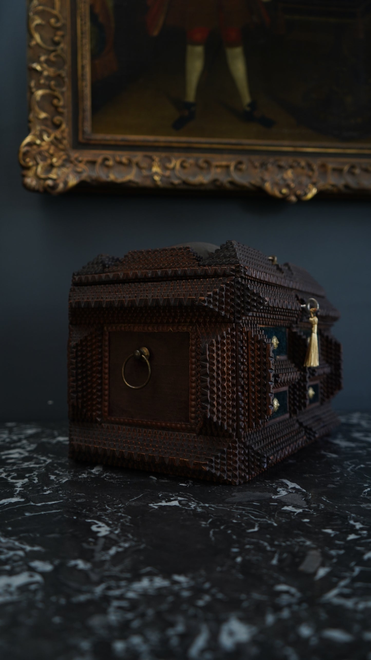 Antique Tramp Art Sewing Box with Drawers and Mirror, Hand-Carved Folk Art Keepsake Chest, Late 19th Century