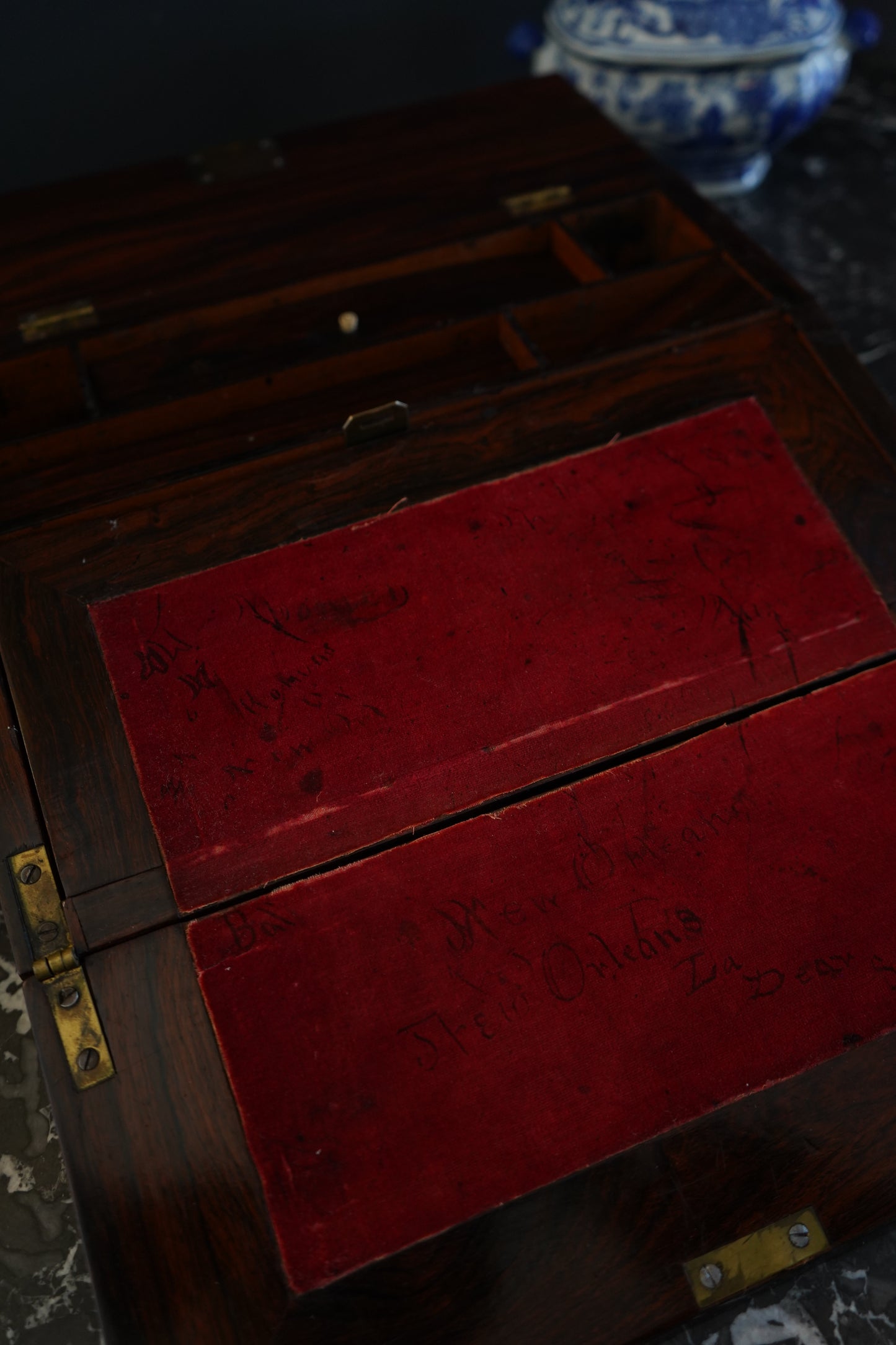 Antique Rosewood Writing Slope with Velvet Writing Surface and Inscriptions, Mid-19th Century