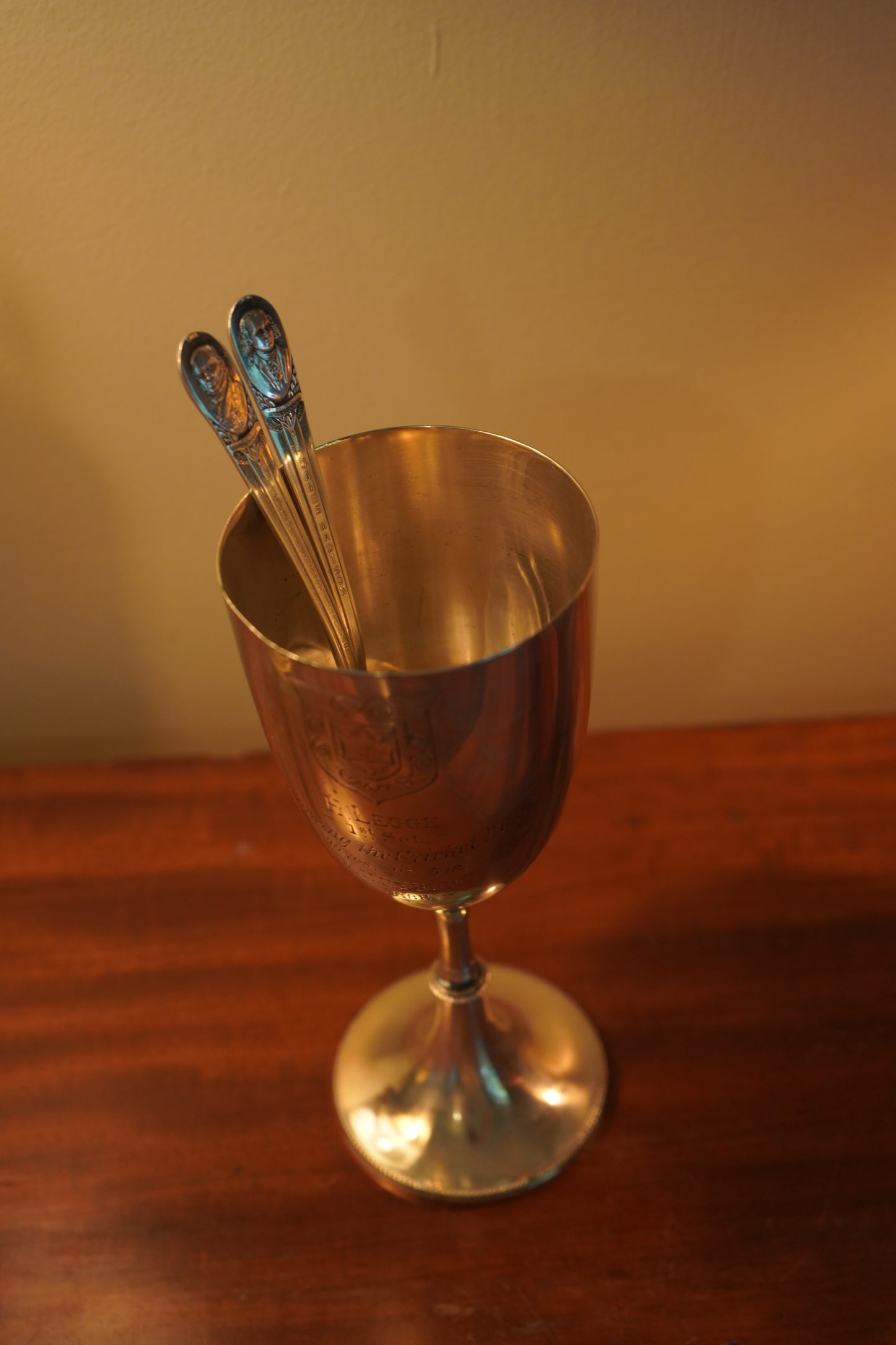Antique English Silver Plated Trophy Goblet, "Haileybury College Throwing Cricket Ball Trophy Victorian 1888"