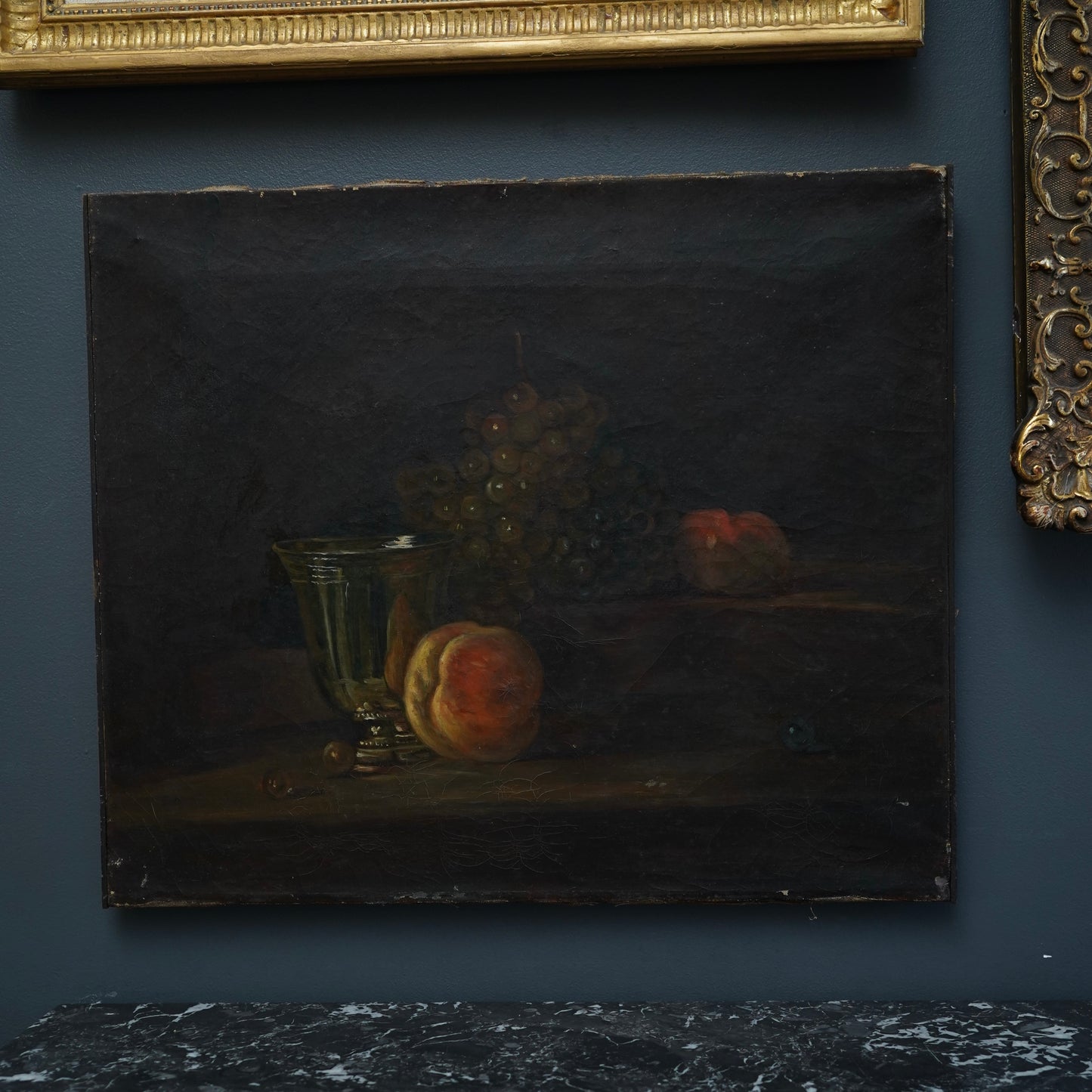 Early 20th Century Oil Painting After Chardin – Still Life with Silver Goblet, Peach & Grapes