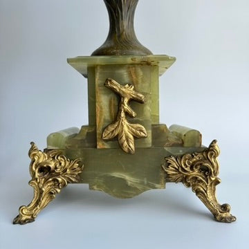 Pair of Antique French Neoclassical Spelter and Onyx Urns with Gilt Brass Accents