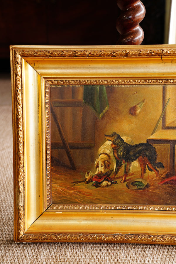 Antique European Hunting Dogs Interior Oil Painting, Circa 1890 secondary view