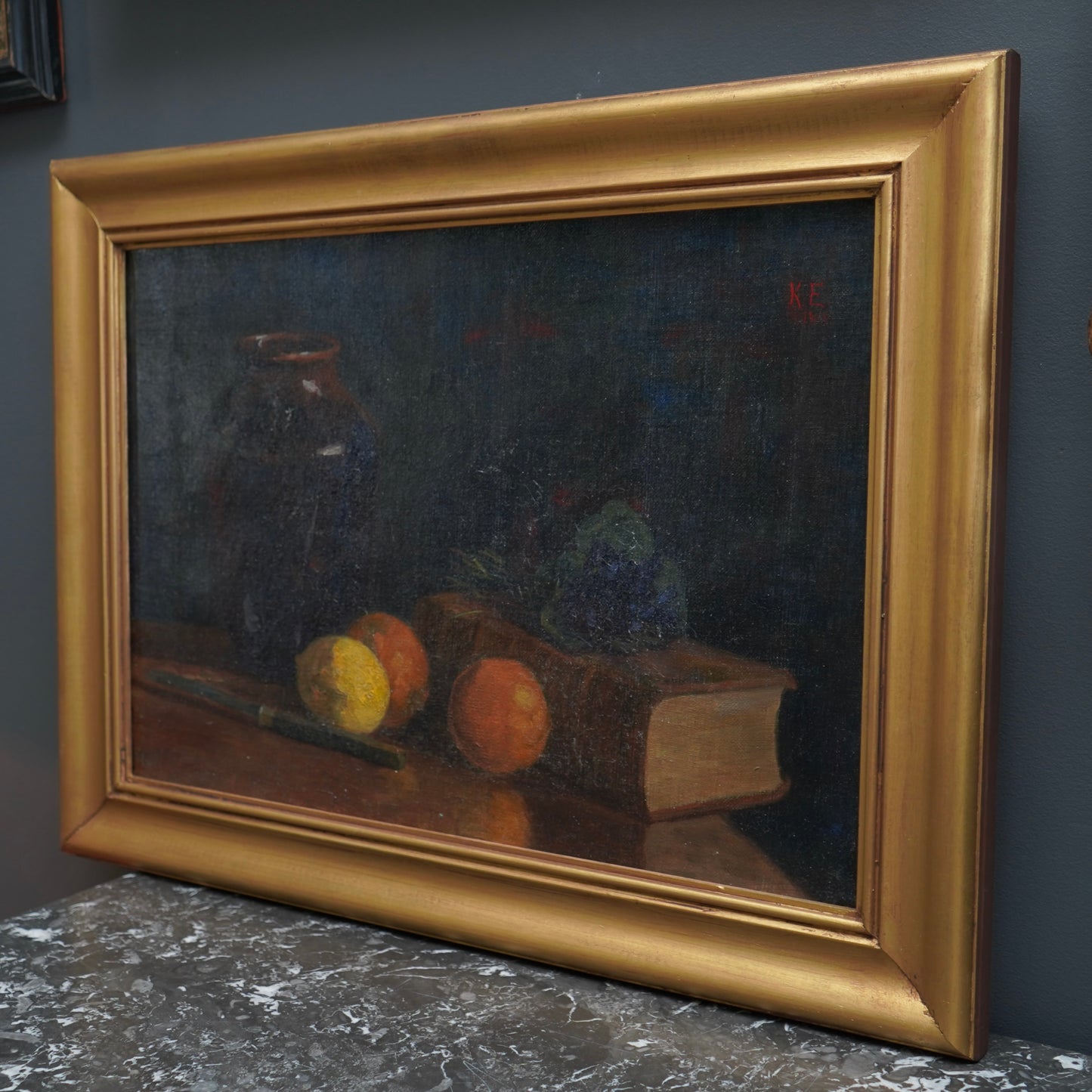 Antique 1905 Oil Painting Still Life with Fruit, Book & Earthenware Jar | Signed K.E.
