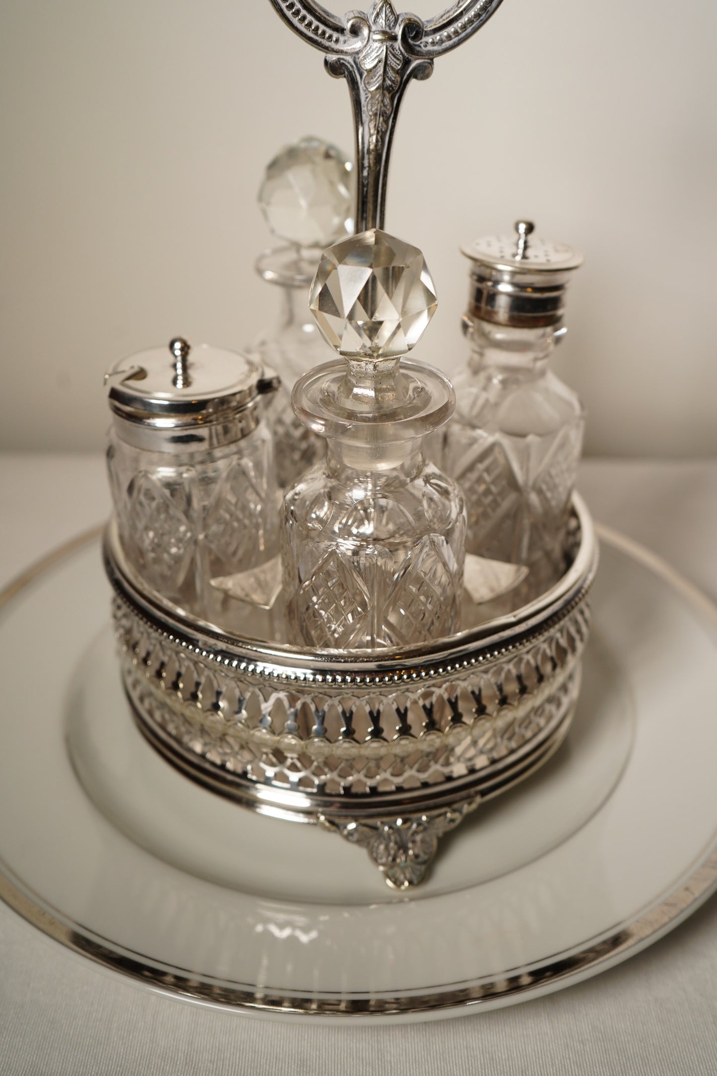 Antique Victorian Silver Plated Cruet Set with Four Cut Glass Bottles, English, c. 1880–1910