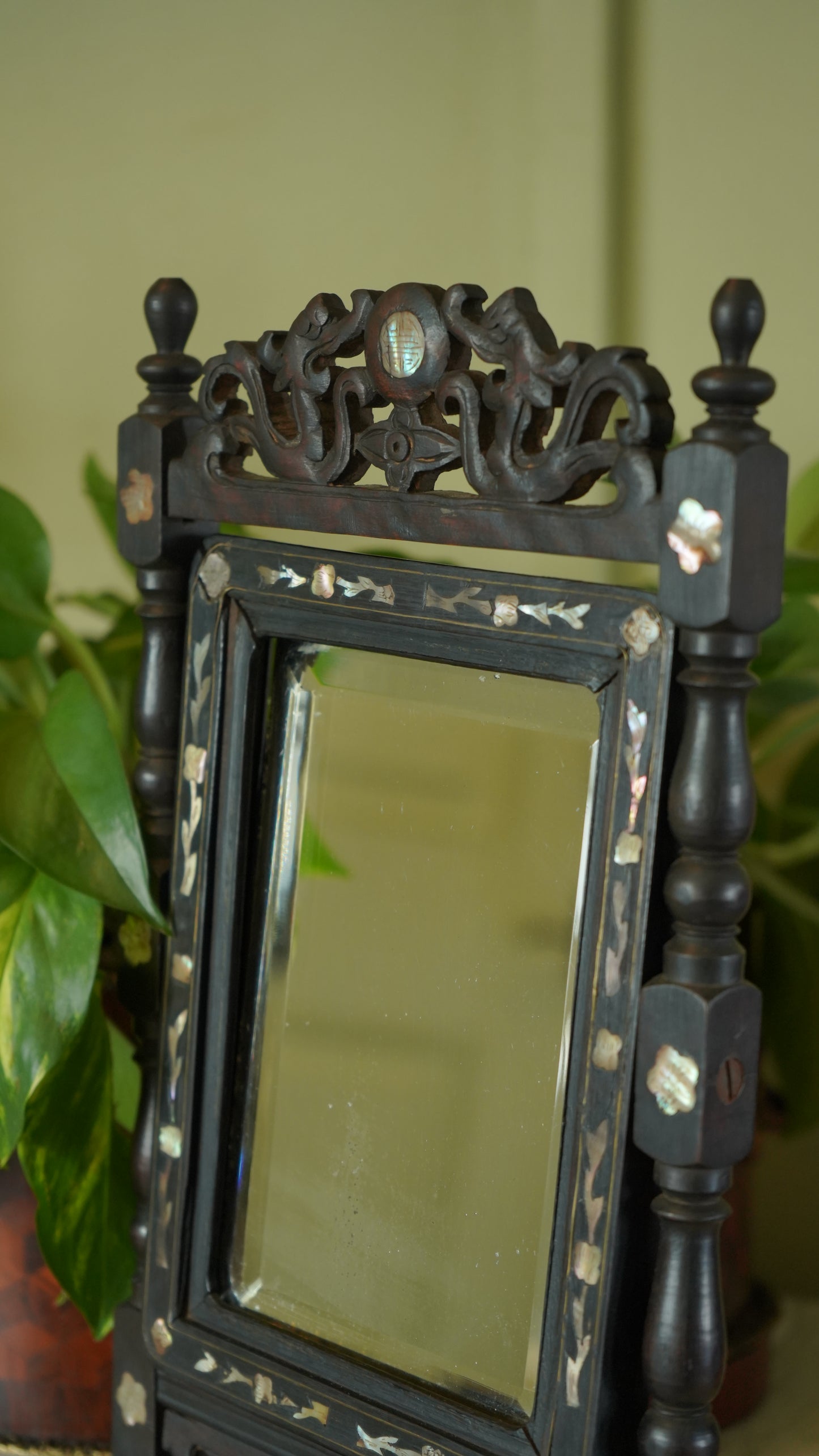 Antique Ebonized Wood & Mother-of-Pearl Vanity Tabletop Mirror