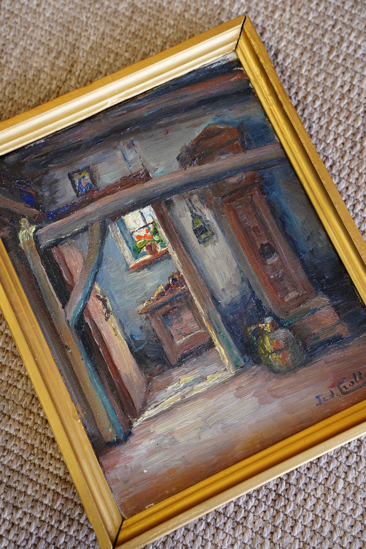 Vintage Flemish Interior Oil Painting, Cottage Doorway with Geranium
