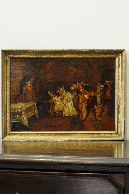 Antique Continental Court Scene Oil Painting, Circa 1880
