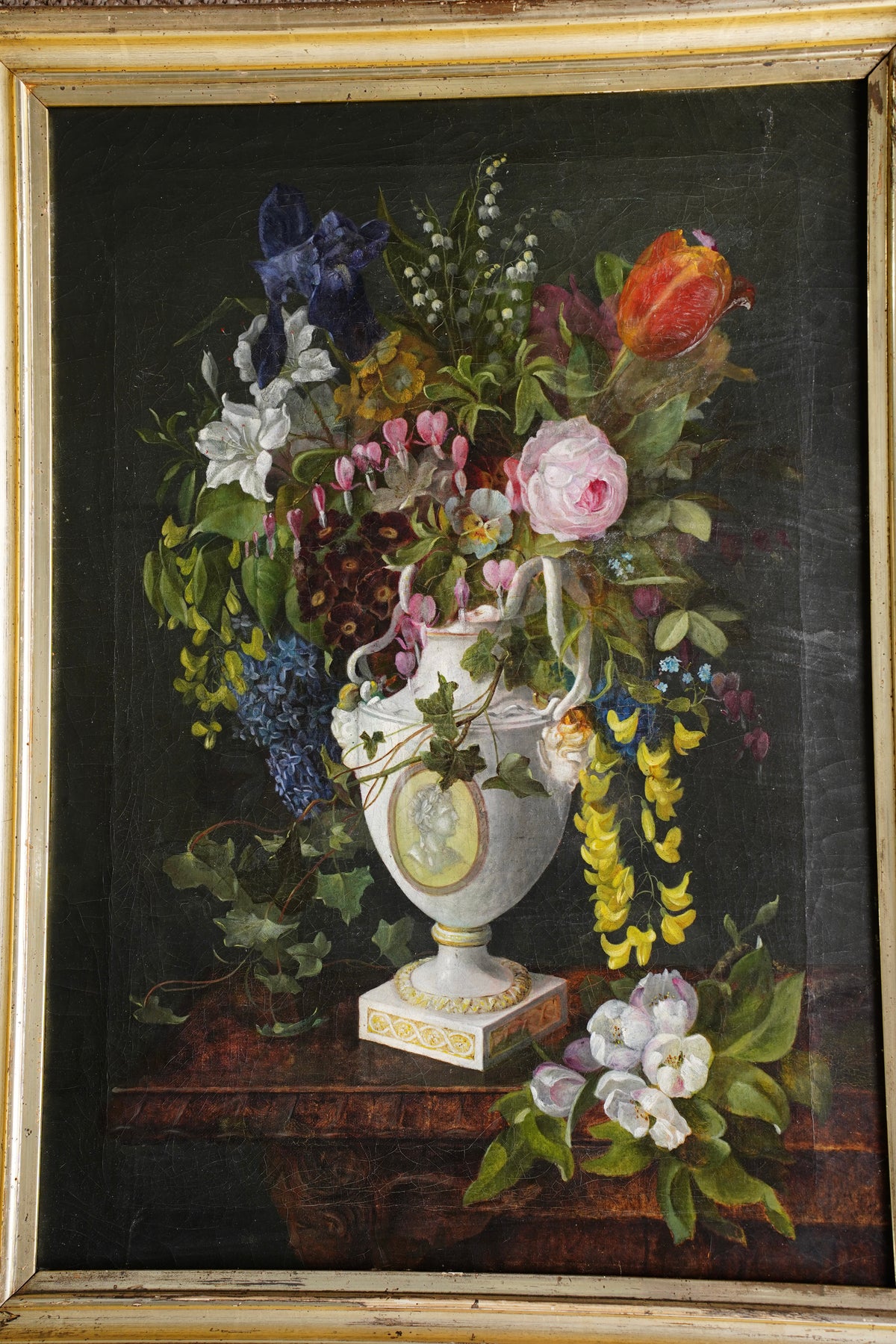 Antique Floral Still Life Oil Painting of Flowers in a Porcelain Urn