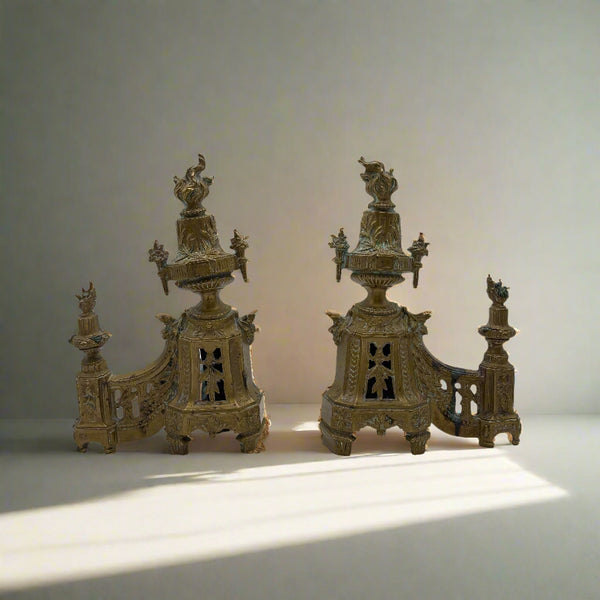 Antique Neoclassical Louis XVI-Style Brass Andirons with Urn and Flame Finials, Pair of Antique Brass Fireplace Fire Dogs secondary view