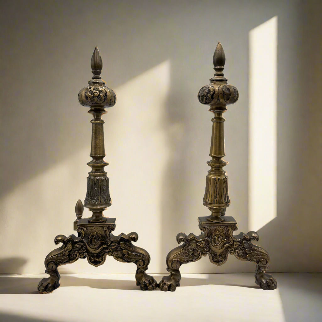Pair of Late Victorian-Era Brass & Iron Andirons, Rococo Revival Style
