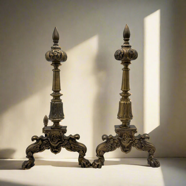 Pair of Late Victorian-Era Brass & Iron Andirons, Rococo Revival Style secondary view
