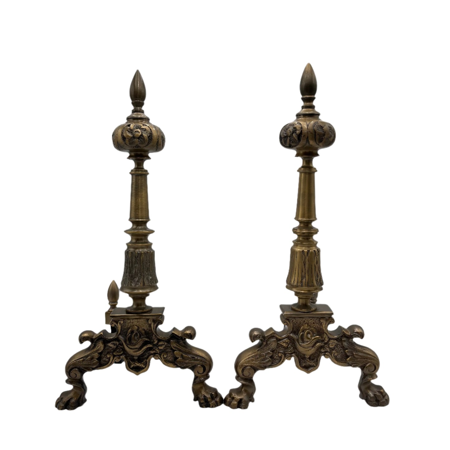 Pair of Late Victorian-Era Brass & Iron Andirons, Rococo Revival Style